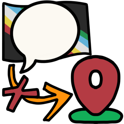 a speech bubble in front of a disability pride flag, with a crossed-out arrow pointing to a location marker.